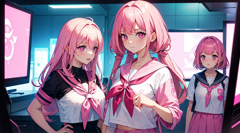 (3 girls, pink hair, pink eyes, sailor suit, kawaii, strategy meeting), (pink cyberpunk, room with big monitors, pink neon)