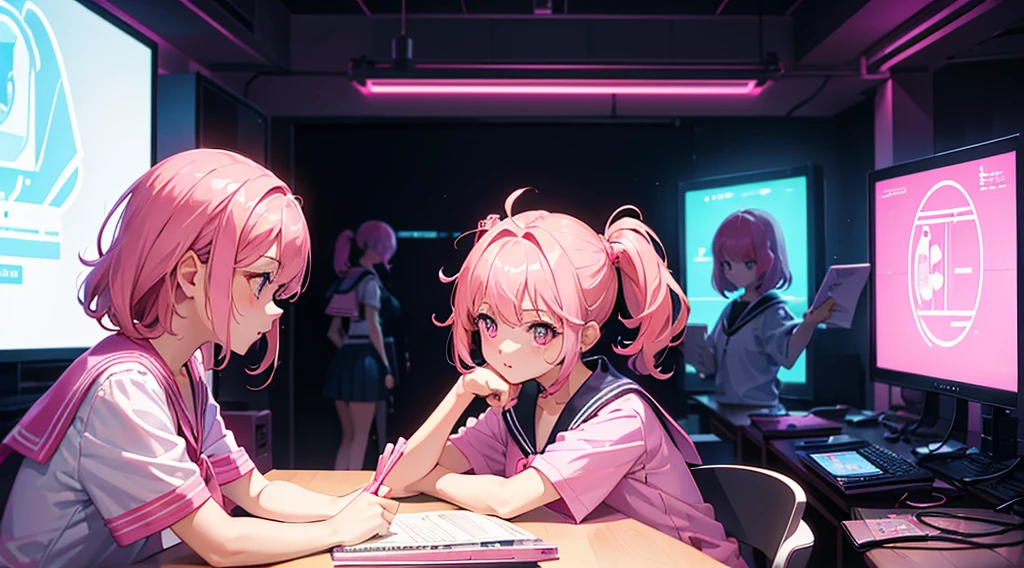 (3 girls, pink hair, pink eyes, sailor suit, kawaii, strategy meeting), (pink cyberpunk, room with big monitors, pink neon)