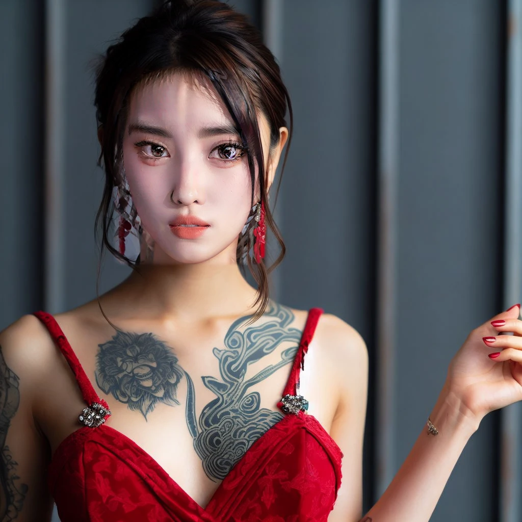 momo1 in a red dress holding a cell phone, a tattoo, shin hanga, instagram model, 2 4 year old female model, high detail portrait photo, scales on her chest, cutecore, with facial tattoo, lu ji, 24mp, 4k]