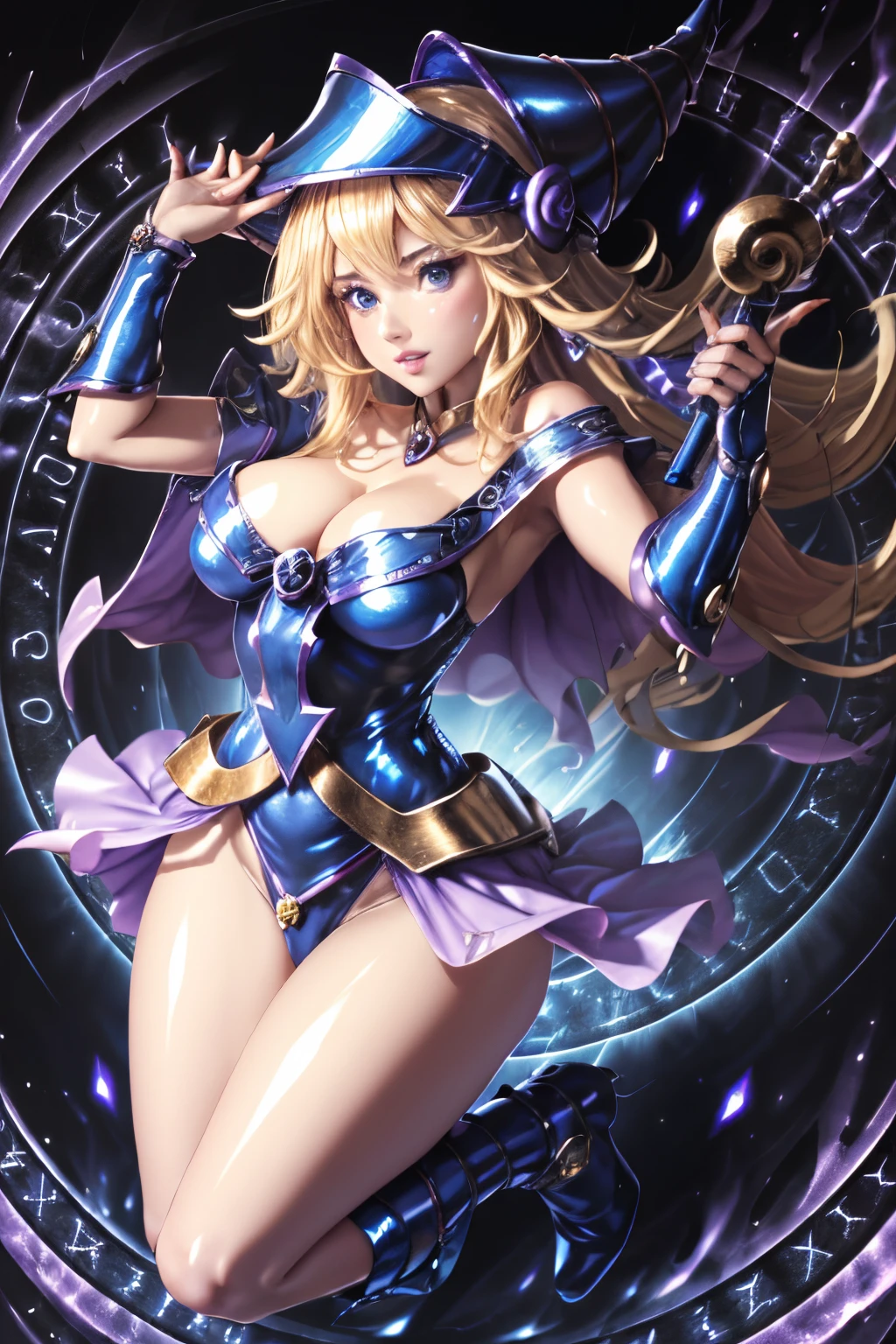 ultra-detailed, extremely detailed, masterpiece, highest quality, best quality, absurdres, highres, dark magician girl, (1girl:1.2), solo, detailed face, dynamic pose, hair flow, (full body:1.1), blonde hair, long hair, looking at viewer, green eyes, skindentation, detailed skin, skin pores, (shiny skin, glossy skin:1.1), rosy skin details, breasts, nail polish, skirt, blue footwear, blue headwear, wizard hat, wand, holding hat, (blue panties:0.9), (summoning circle:1.1), hexagram, pentacle, pentagram, yu-gi-oh!, duel monster, purple magic field, glow, detailed background, intricate background,