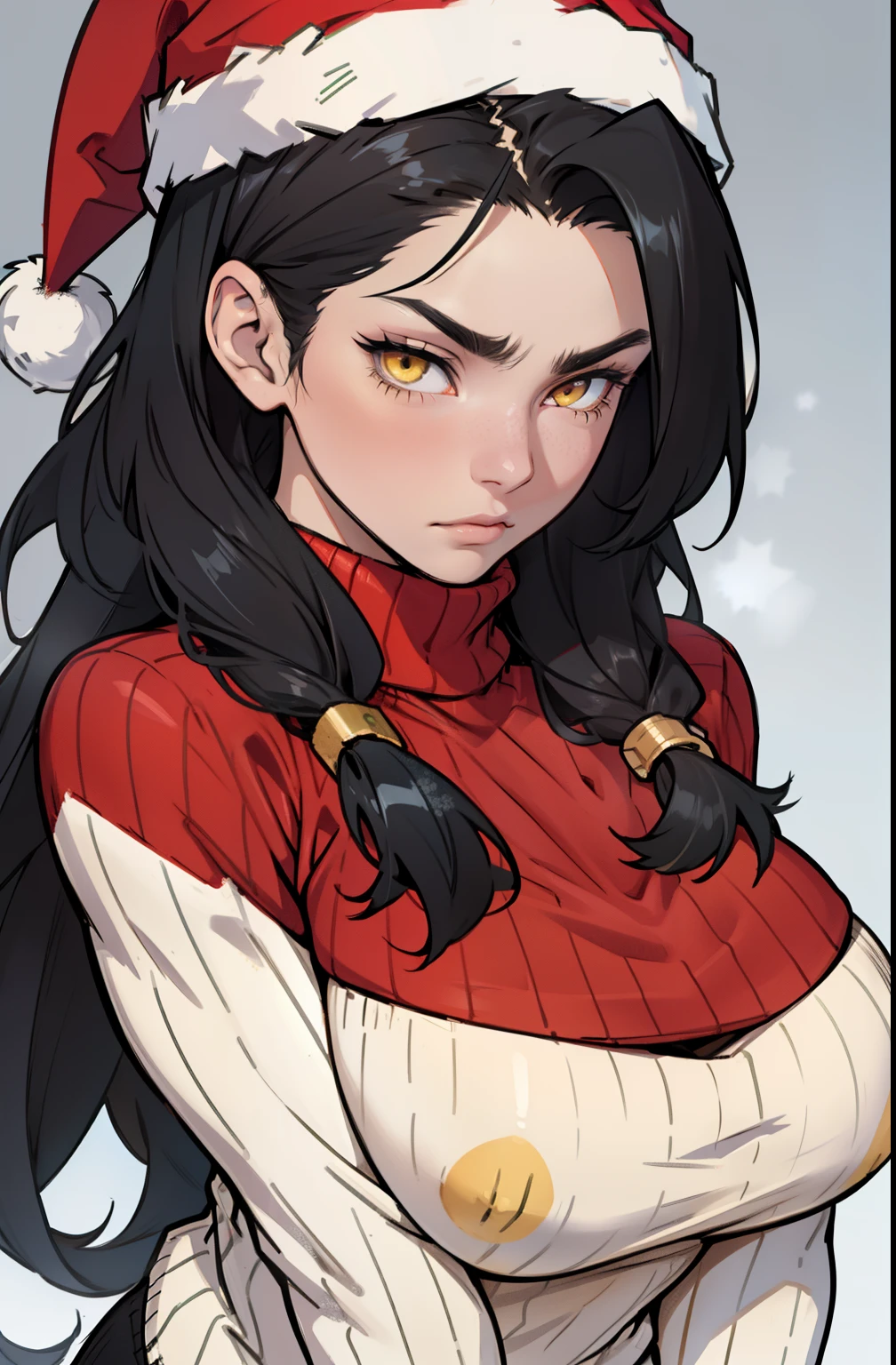 solo, (((1 girl))), very long hair, black hair, yellow eyes, ((muscular)), huge tits, pale skin, slick hair, (christmas sweater) close up santa hat sad longing longing