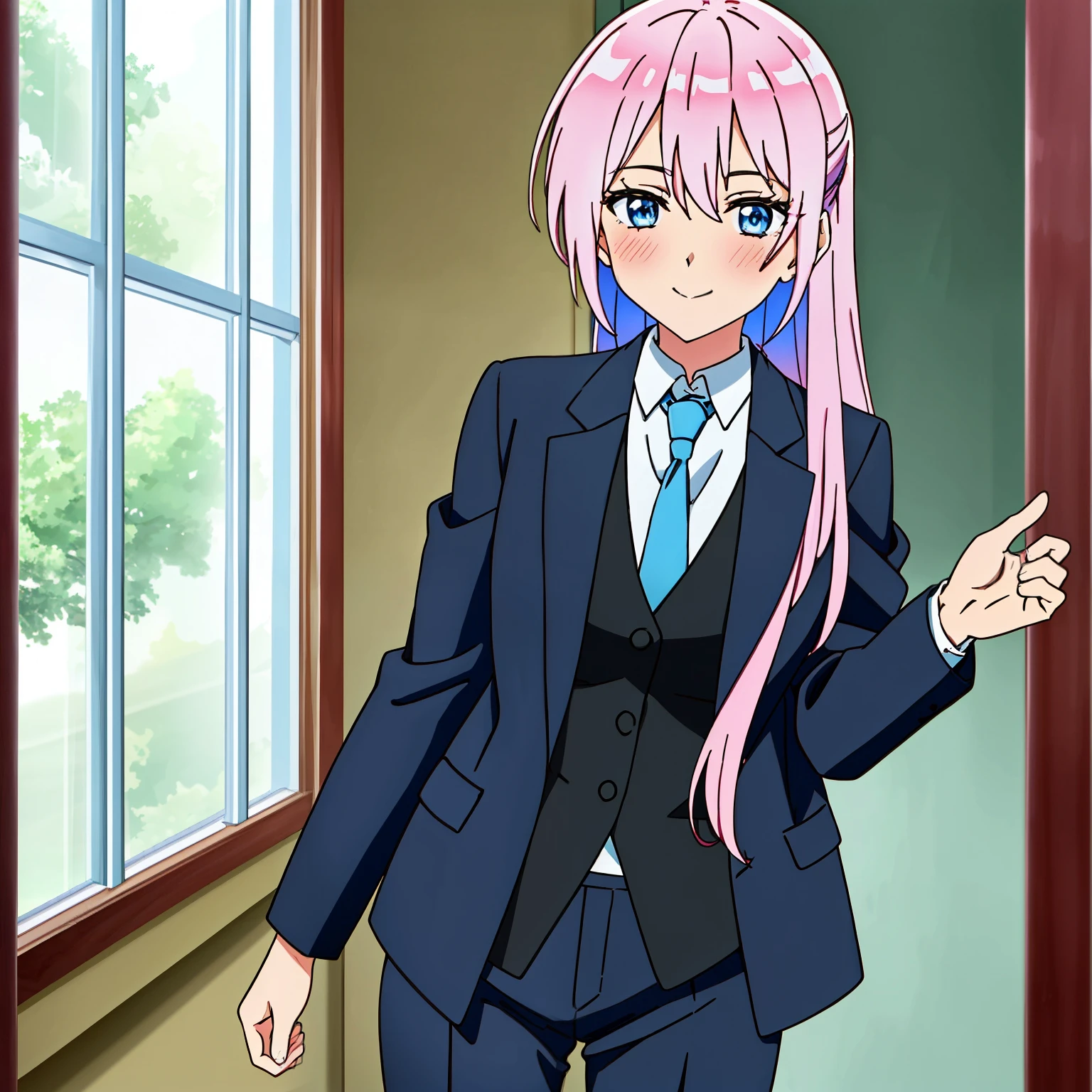 1GIRL , shikimori miyako , shikimori micchan, woman in formal attractive suit tuxedo tailcoat standing in a large alcove in the room, 1girl, solo, necktie, pink hair, blue eyes, long hair, smile, jacket, looking at viewer, shirt, pants, blue necktie, collared shirt, white pants, white shirt, indoors, bangs, long sleeves, closed mouth, window, black jacket, blush, cowboy shot, formal, suit