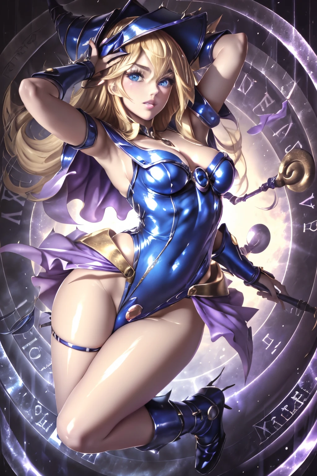 ultra-detailed, extremely detailed, masterpiece, highest quality, best quality, absurdres, highres, dark magician girl, (1girl:1.2), solo, detailed face, dynamic pose, hair flow, (full body:1.1),  blonde hair, long hair, looking at viewer, green eyes, skindentation, detailed skin, skin pores, (shiny skin, glossy skin:1.1), rosy skin details, breasts, nail polish, skirt, blue footwear, blue headwear, wizard hat, wand, holding hat, (blue panties:0.9), (summoning circle:1.1), hexagram, pentacle, pentagram, yu-gi-oh!, duel monster, purple magic field, glow, detailed background, intricate background,