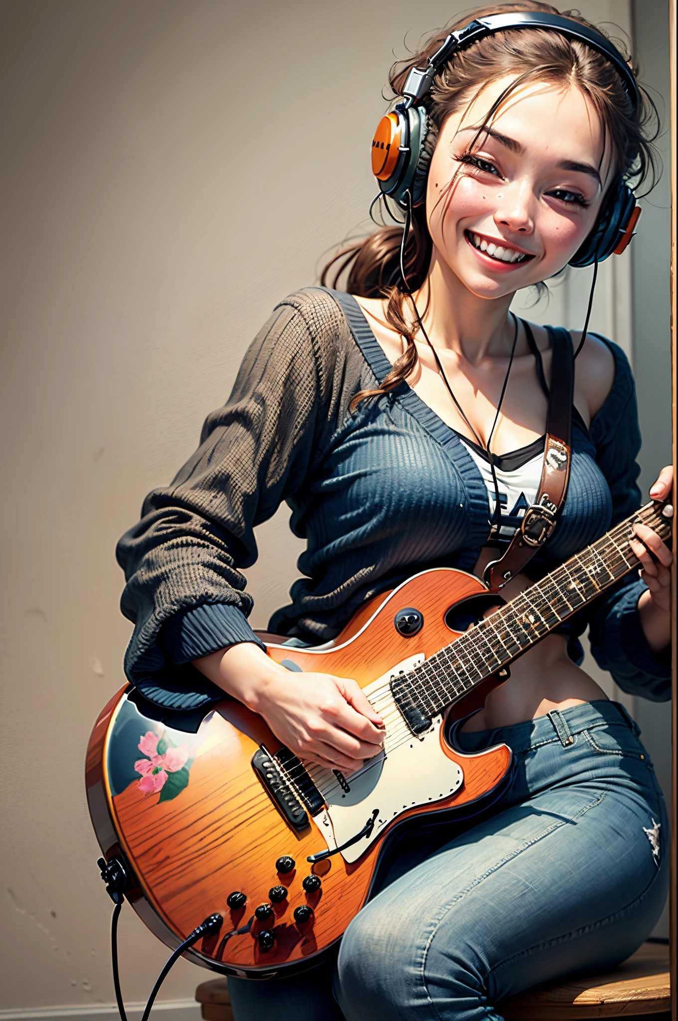 woman with headphone dancing in badroom playing guitarra, smile, carton style --auto --s2