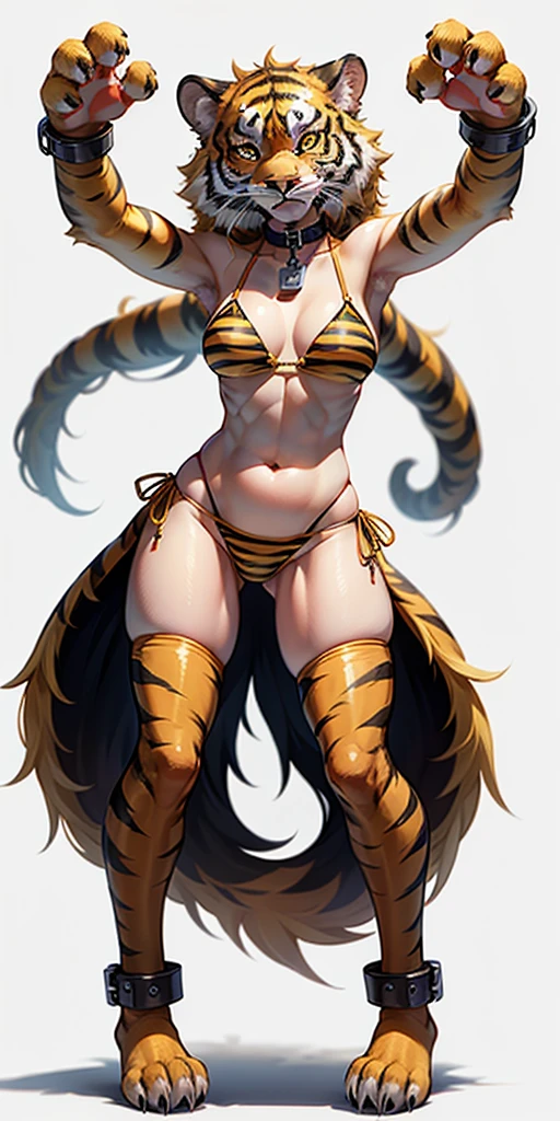 ((WHITE BACKGROUND)) full body standing straight symmetrical looking to the front woman wearing a yellow tiger bikini tiger paws, choker on neck, shackles on legs and arms, tiger face