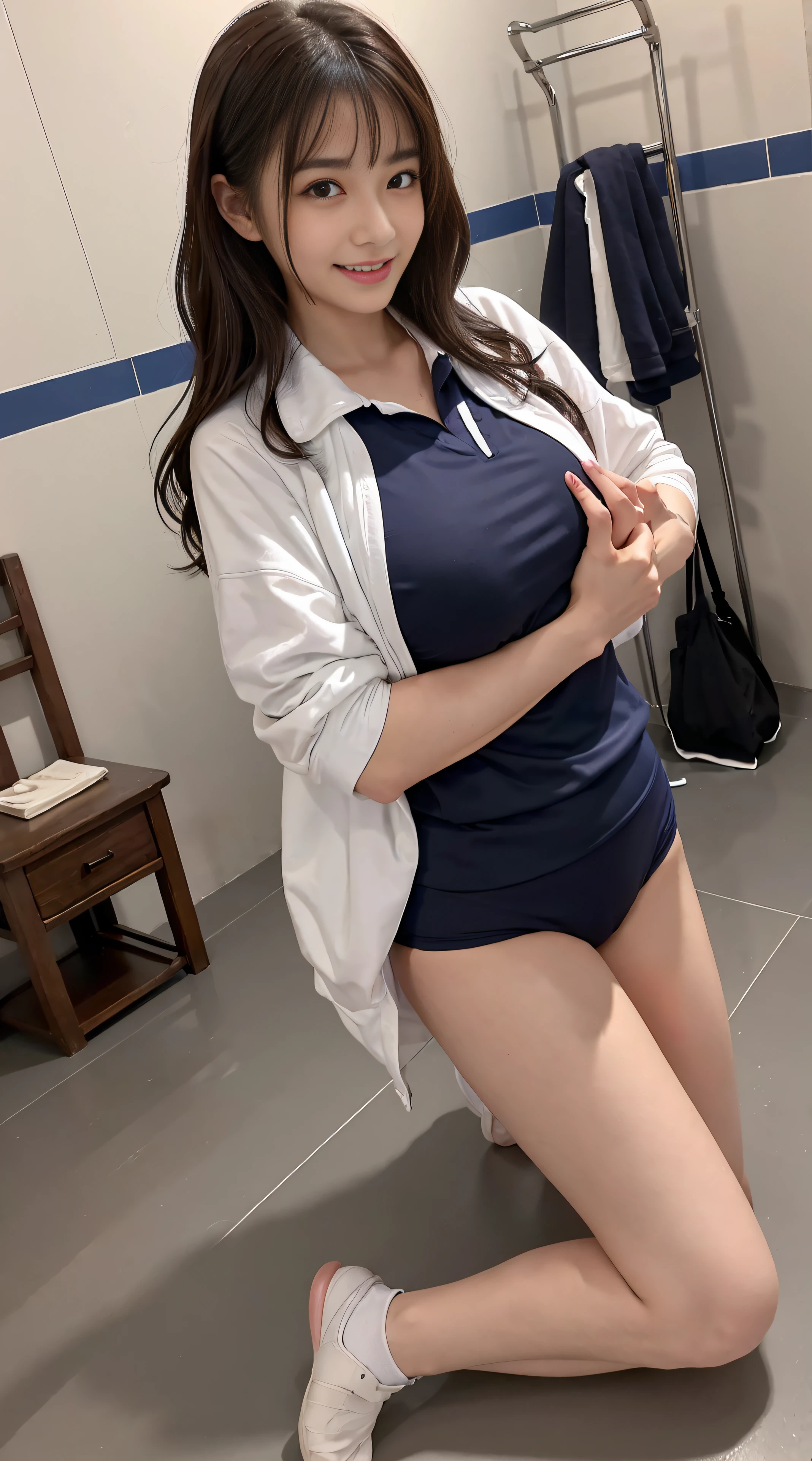 top-quality、Top image quality、​masterpiece、fully body photo、25 years old women, governess、Dark brown wavy middle hair、bangss、((Volleyball uniform、))、 ((no-bra、Puffy nipple、))、Shower room、soft boob、Big breasts,、Kamimei、 Shy laughter、Lying on the floor、Show your ass、((Grasp your breasts with both hands over your clothes、Touching the crotch、open one's legs、Open both knees))