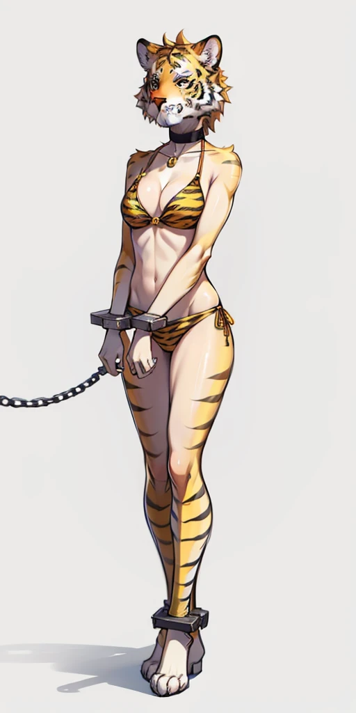 ((WHITE BACKGROUND)) full body standing straight symmetrical looking to the front woman wearing a yellow tiger bikini tiger paws, choker on neck, shackles on legs and arms, tiger face