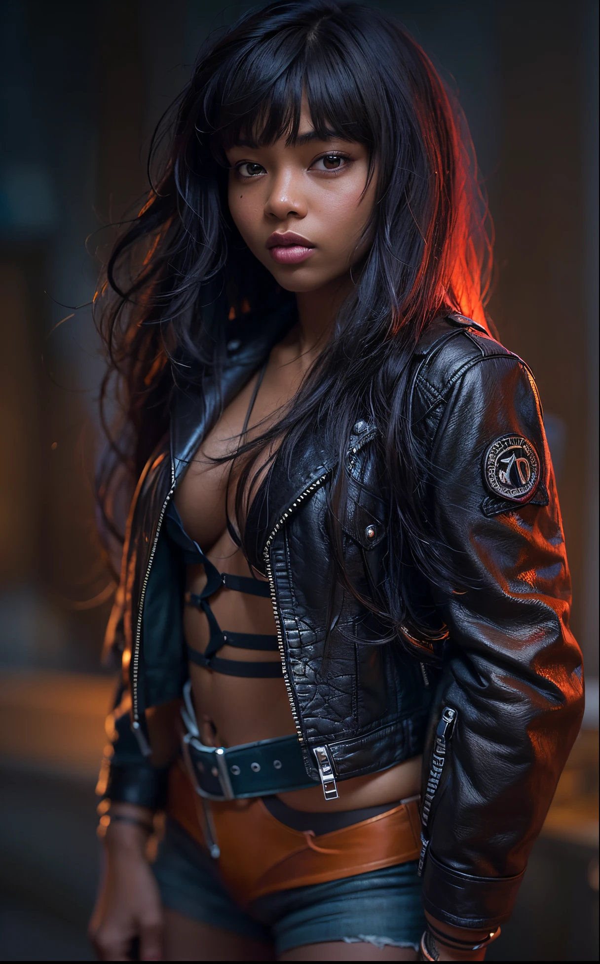 (best quality,8k,ultra-detailed,realistic,hyperrealistic), extremely detailed photo of a (((17 year old))), black girl, (((full body pose))), long black hair with bangs, open leather jacket covering nipples, no shirt, black lace bra, black pantyhose, vivid colors