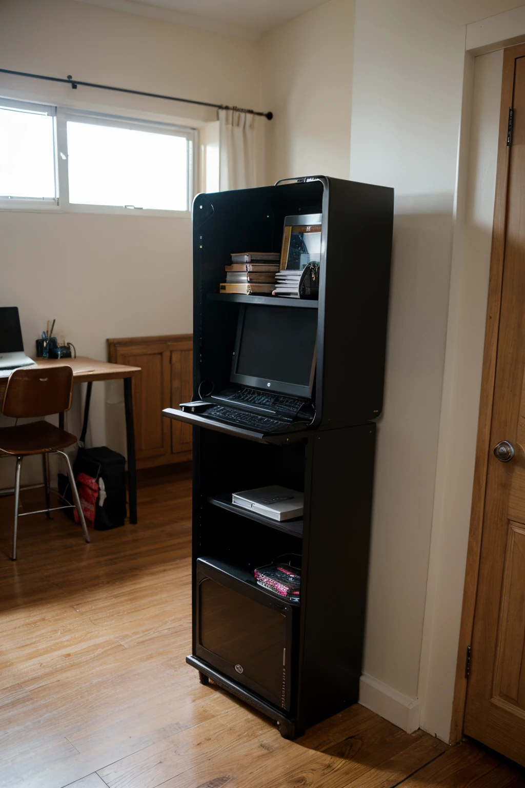 generate a modern neon cabinet for renting laptops containing 3 levels