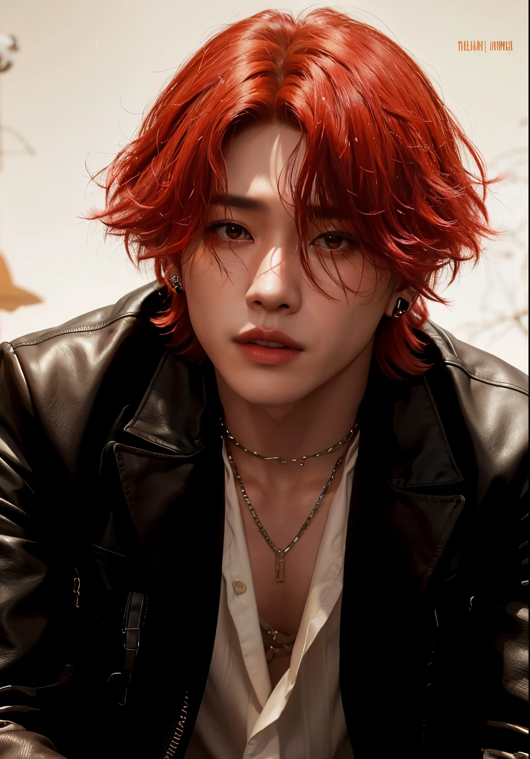 Hombre arafed con pelo rojo y una chaqueta negra sentado, Jimin, Jung Jaehyun, Parque Jimin, Cai Xukun, Jimin\swollen right eyelid, Jimin\labios regordetes, Jimin\Nariz griega de, Cara precisa de Jimin, Steven Jung, Hyung Tae, Taejune Kim, con el pelo rojo, Retrato de Jossi de Blackpink