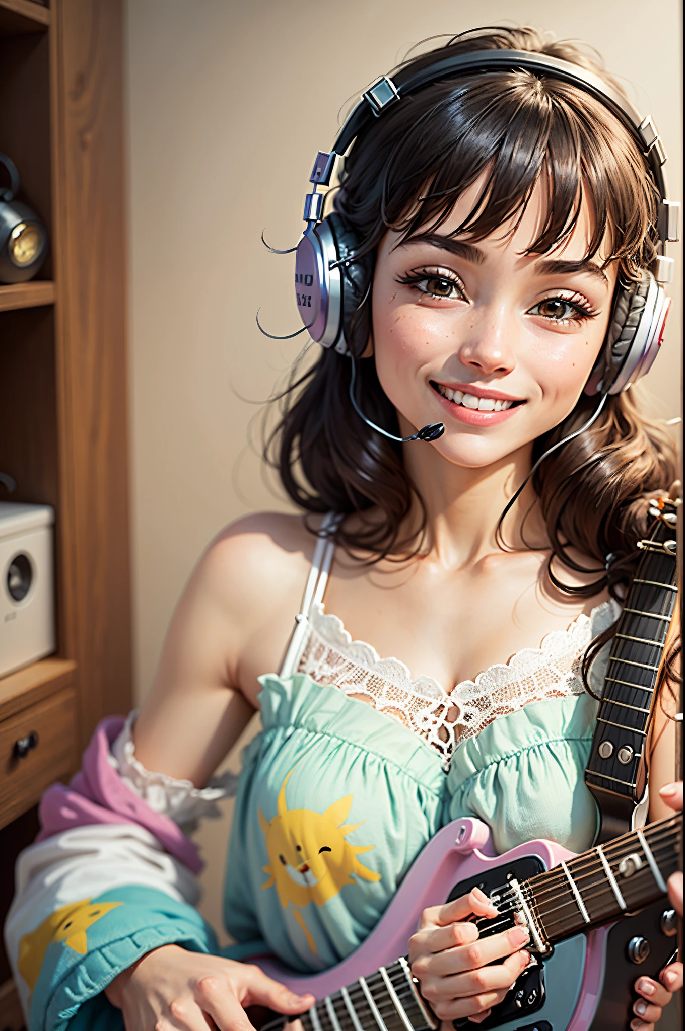 woman with headphone dancing in badroom playing guitarra, smile, carton style --auto --s2