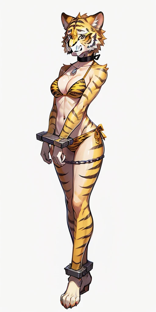 ((WHITE BACKGROUND)) full body standing straight symmetrical looking to the viewer woman wearing a yellow tiger bikini tiger paws, choker on neck, shackles on legs and arms, tiger face