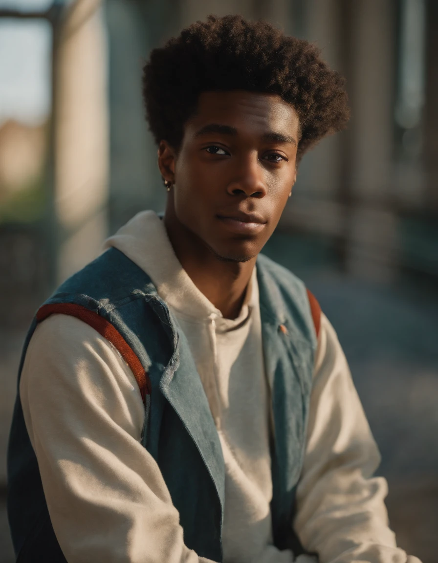 An ultradetailed painting of a stylish handsome young man wearing streetwear in a high school, anime, studio ghibli, intricate, afro, light green eyes