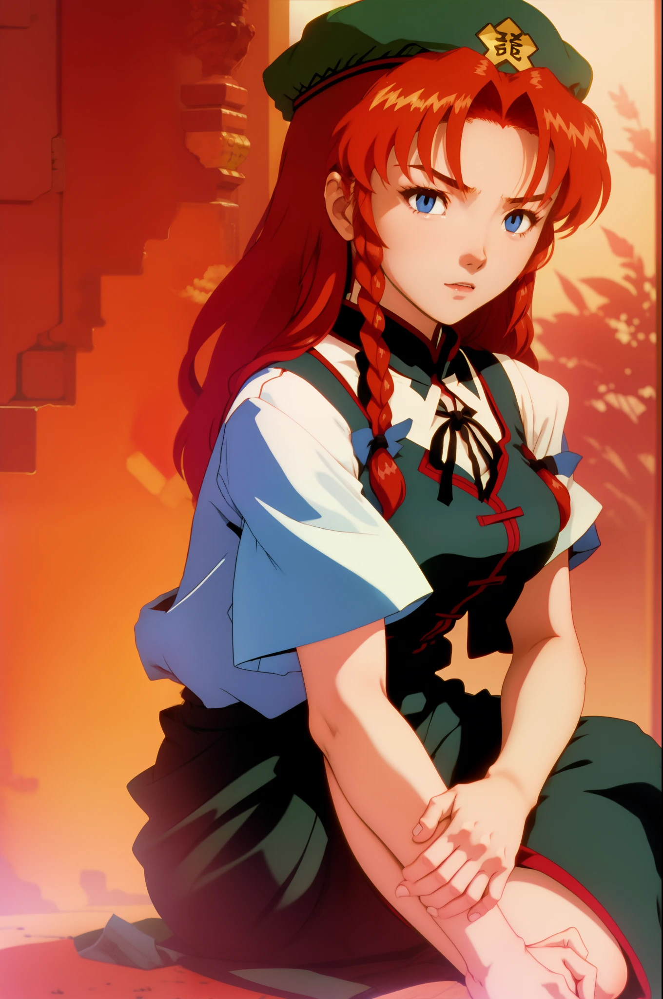 hong mailing, 1girl,hat,red hair,blue eyes,long hair,braid,short sleeves,chinese clothes, evangelion anime style