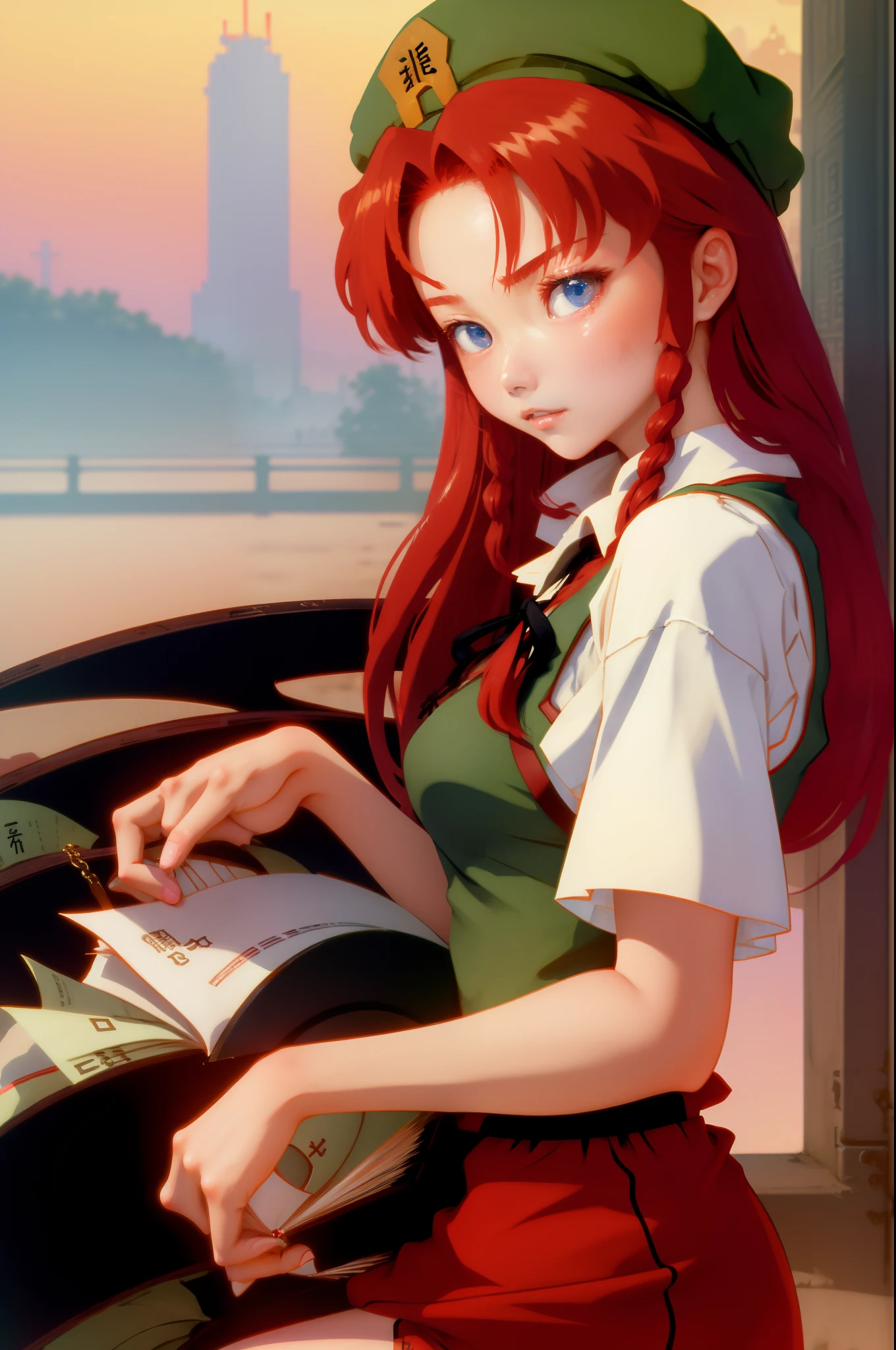 hong mailing, 1girl,hat,red hair,blue eyes,long hair,braid,short sleeves,chinese clothes, evangelion anime style