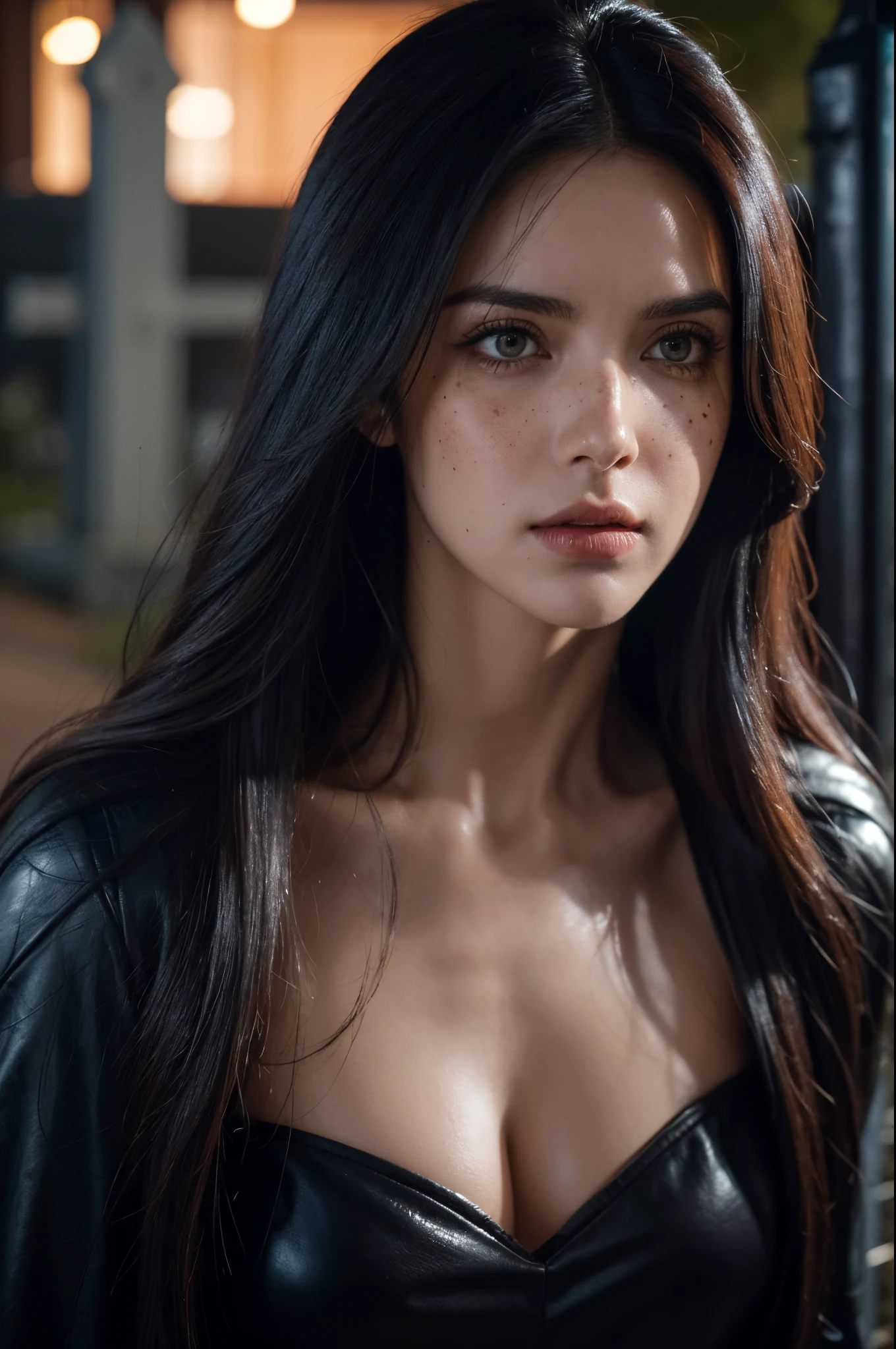 8K, Top Quality, Intricate Details, Ultra Detail, Ultra High Resolution, Masterpiece, random angle,  Slender, Smile, (Makeup: 0.4), (Fluffy Blue Eyes: 1.21), blue Eyes, looking at viewer, ((full body)), 1girl, solo, 1 girl, (( full body)), close up shot, , ((tall)), (((fit body))), (((slim face))), sharp face, sharp eyes, (((black hair, long hair, ))  (detailed face), sharp face, small lips, 
 (( leather jacket)),  detailed face, detailed breast, , large breast, detail ass, , Beautiful girl with accentuated slender abs: 1.4, Six Pack Abs: 1.4, Bust Botox, Big, Perfect Body, detail leg, (( moonlight)), top of mountain