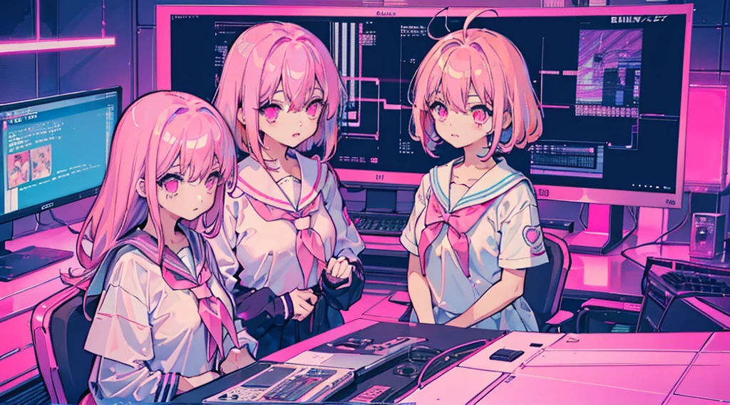 (3 girls, pink hair, pink eyes, sailor suit, kawaii, strategy meeting), (pink cyberpunk, room with big monitors, pink neon)