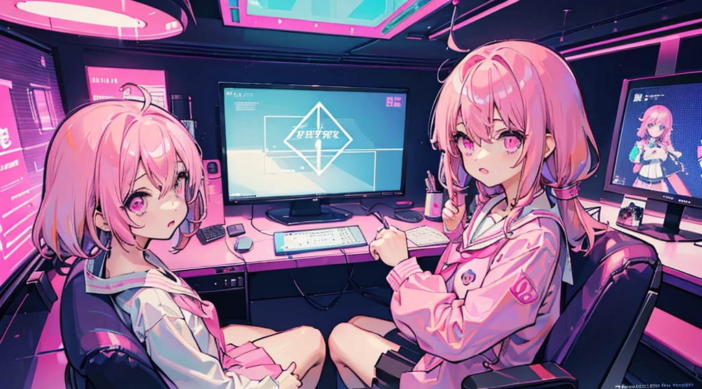 (3 girls, pink hair, pink eyes, sailor suit, kawaii, strategy meeting), (pink cyberpunk, room with big monitors, pink neon)