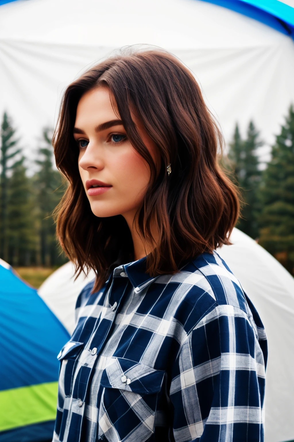Remove the tent add a plaid shirt and make her hair shoulder length