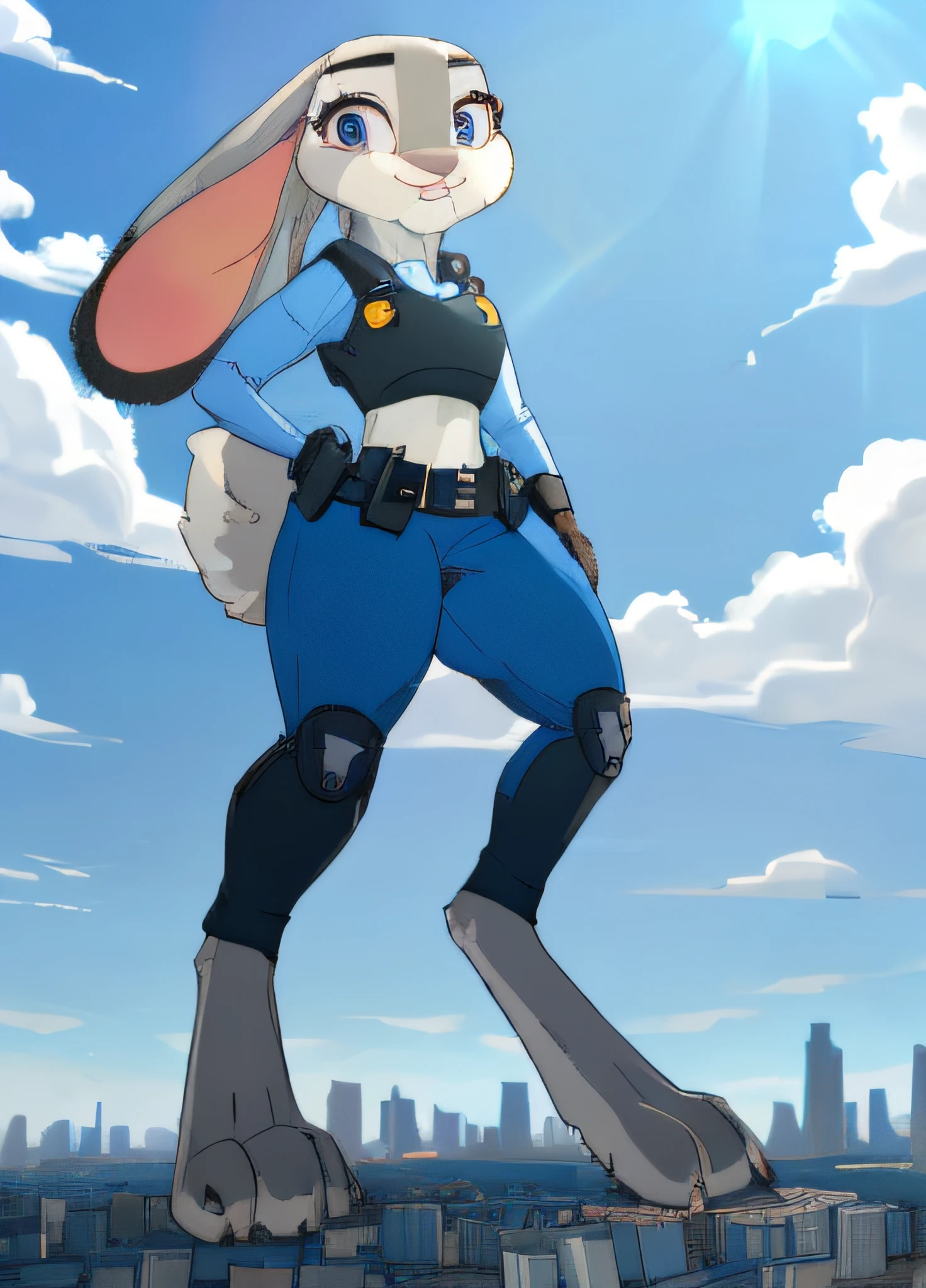 judy hopps, bunny, anthro, furry, 1girl, solo, police uniform, purple eyes, (best quality), (bunny ears:1.2), portrait, giantess, giga giantess, macro, clouds, (GTSGiga, cityscape, urban sprawl:1.4), standing up, two ears, paws, bunny paws, 3-toe paws,