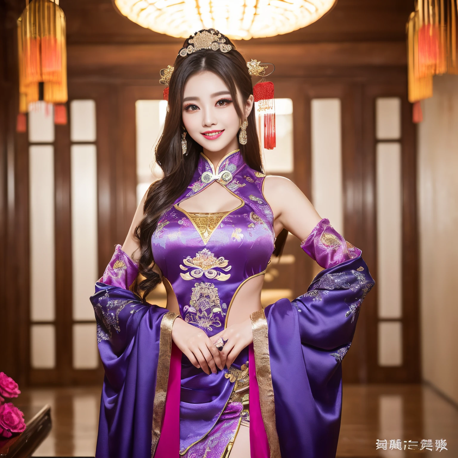 ((top-quality、masutepiece、8K、Top image quality、Highly complex and detailed depictions))、(Photo of the upper body of a Japanese prostitute:1.3)、Luxury Guru House at night、Japan&#39;the most luxurious prostitute costumes、((the most gorgeous japanese prostitute&#39;Huge costumes、the most vivid and luxurious costumes、big long costume、The most luxurious and huge garrison、An unimaginably luxurious garrison、Very luxurious and huge garrison、Huge Guru House at midnight、Very complex decoration、Very clear huge garrison))、(View me、Bewitching smile、Perfect makeup、long eyelashes、lipsticks、Pink eyeshadows、perfect anatomia、A slight smil)、(Clear background of huge garrison:1.3)
