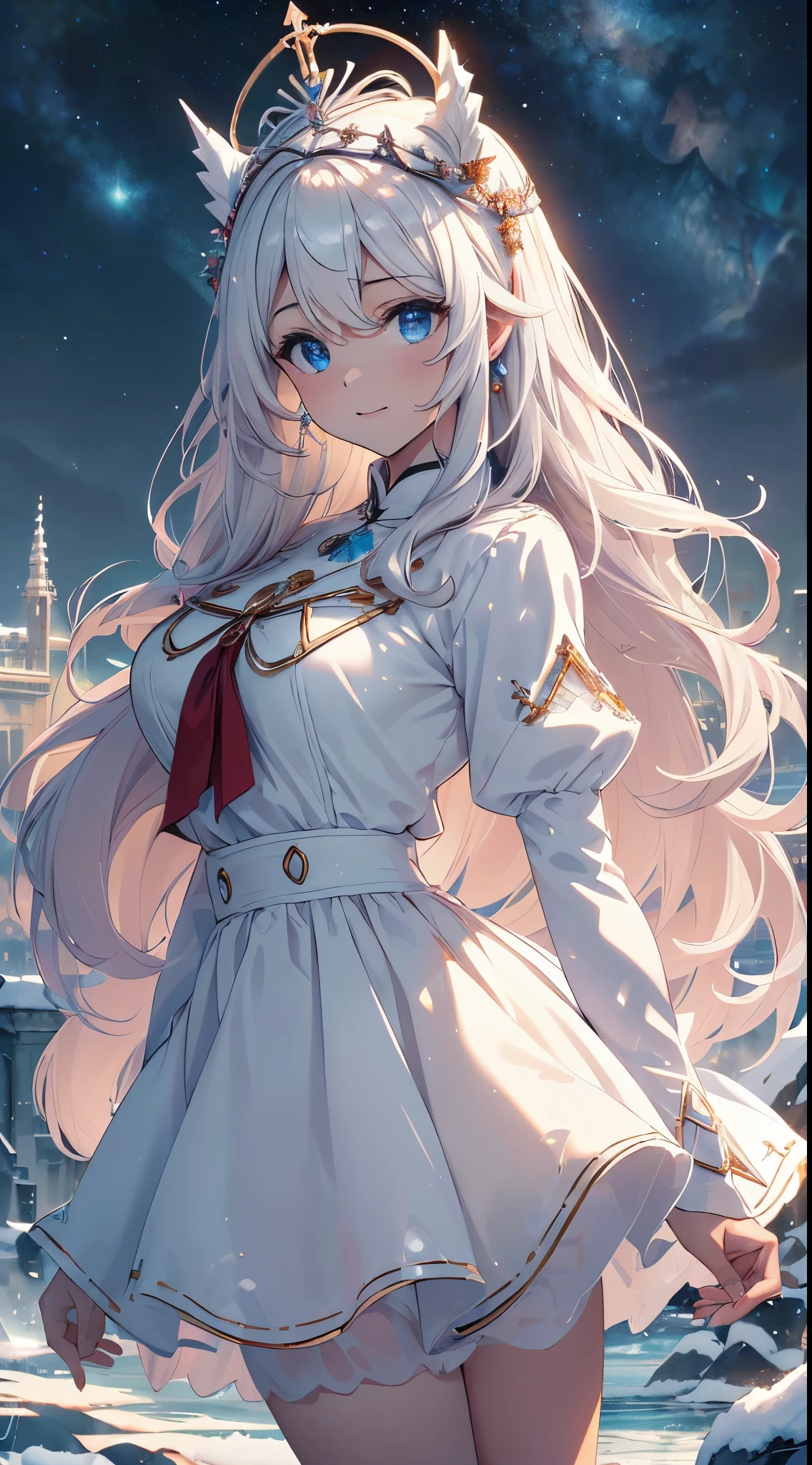 highest qualityr、Calidad de imagen superior、obra maestra、Adolescente Chica((white Santa Claus Costume、falda corta estilo santa、camiseta sin mangas estilo santa、、adolesc busto、Big Liber,Hermosos ojos azul claro、Pechos bien abiertos, una rubia、Un esbelto,Grandes valles、dyeing your cheeks red、leaning forward、Aliento blanco、Reflejando todo el cuerpo、Cruza los brazos、laugh、)),HiQuality、arte hermoso、Antecedentes con((ciudad de cristal en la noche、Copos de nieve cayendo、Caen fuertes nevadas、snowman、modelo de torre de hielo)))、Masutepiece、Profundidad de campos,,More detailed 8K.motor irreal:1.4,UHD,La mejor calidad:1.4, fotorrealista:1.4, textura de la piel:1.4, obra maestra:1.8,obra-prima, mejor calidad,objeto Objeto], (detailed face features:1.3),convexo，(Dedos de camello:1.2)，,((Las proporciones correctas)),(ojos hermosos，pupilas brillantes)，(manos detailed), ，（（（tmasterpiece），（muy detallado CG unificado 8k wallpaper），La mejor calidad en el mejor de los casos，cinematography lighting，Background detallado，(ojos hermosos，pupilas brillantes)，（muy delicado hermoso），（Descripciones de ojos hermosas y detalladas.），Ultra - detallado，tmasterpiece，）），((Disparo de vaquero)),