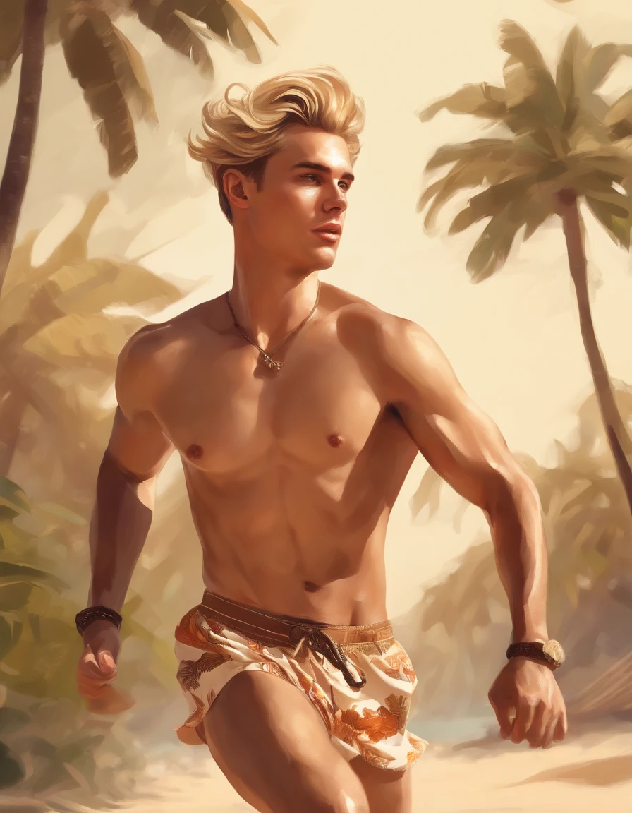An ultradetailed painting of a stylish and chiseled handsome young man wearing beachwear clothing running on a tropical beach, anime, intricate, blonde Australian , light brown eyes, in the style of J.C. Leyendecker