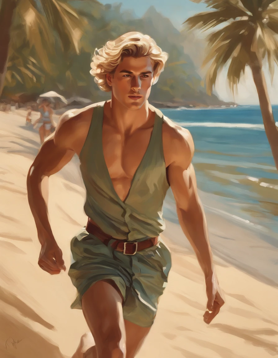 An ultradetailed painting of a stylish and chiseled handsome young man wearing beachwear clothing running on a tropical beach, anime, intricate, blonde Australian , light brown eyes, in the style of J.C. Leyendecker