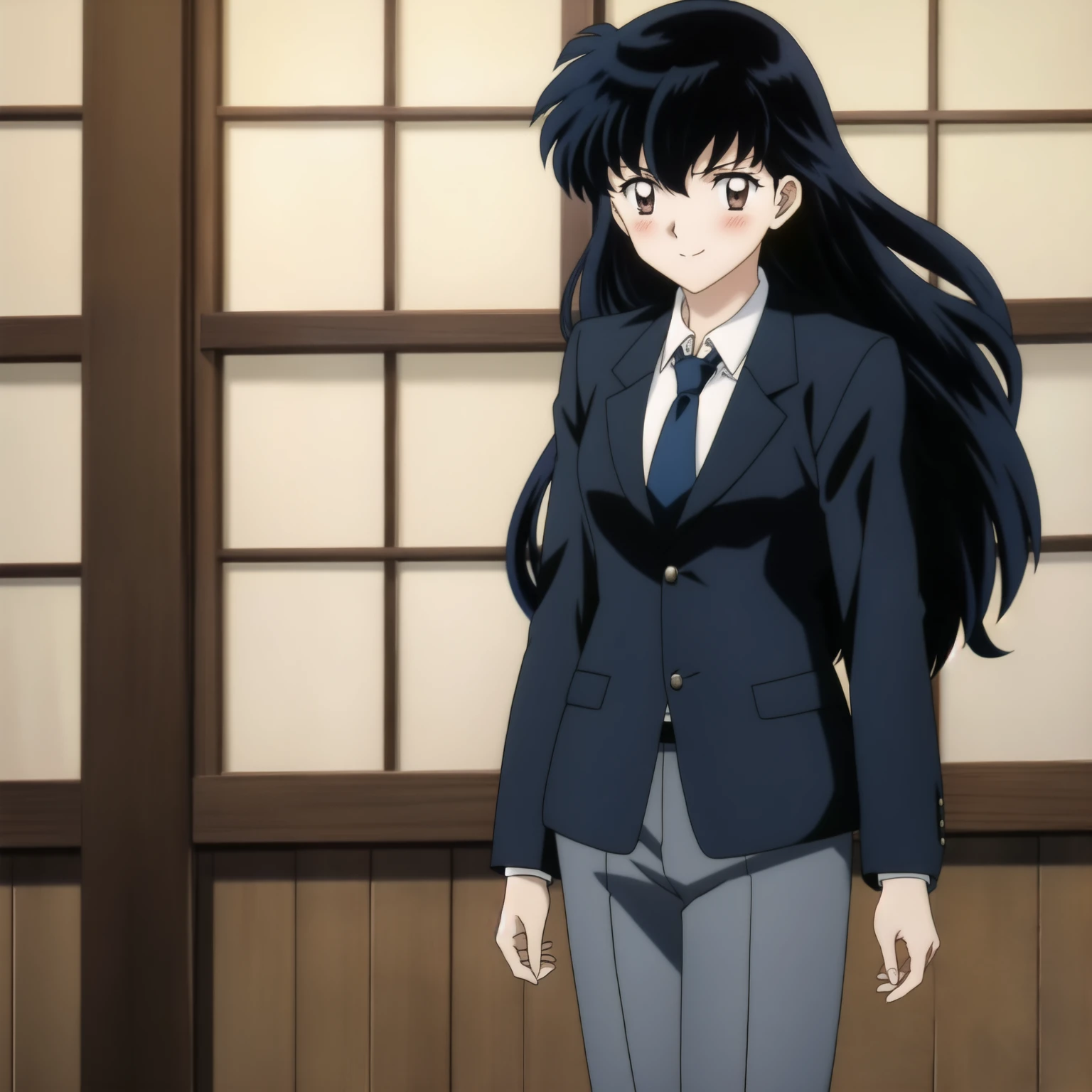 1GIRL , kagome higurashi , woman in formal attractive suit tuxedo tailcoat standing in a large alcove in the room, 1girl, solo, necktie, black hair, brown eyes, long hair, smile, jacket, looking at viewer, shirt, pants, blue necktie, collared shirt, white pants, white shirt, indoors, bangs, long sleeves, closed mouth, window, black jacket, blush, cowboy shot, formal, suit