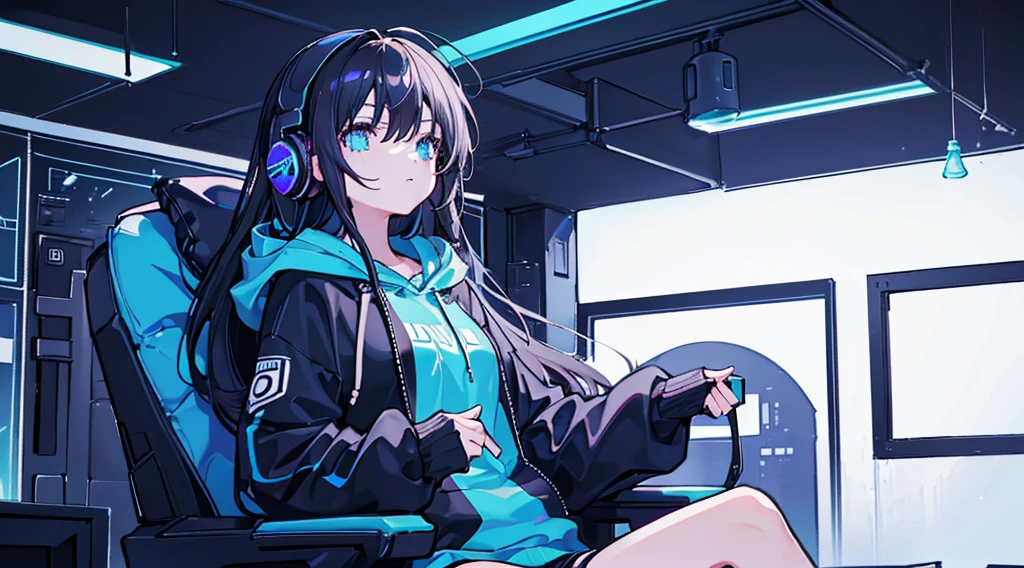 (1girl, black hair, long hair, headphones, hoodie, leaning back in the chair and looking up at the ceiling), (dark room, blue monitor light, blue neon)