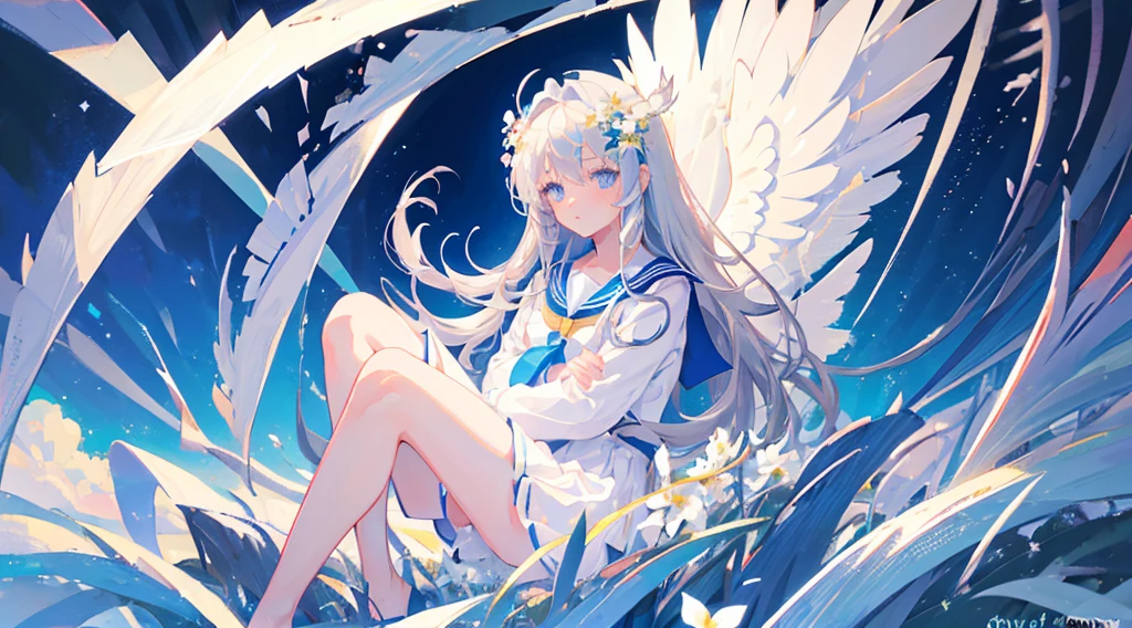 (in 8K, best quality, master piece: 1.2), ultra-high resolution, one cute girl,((flying)),ultra-detailed face,detailed eyes,Angel,Sariel,blue eyes,halo,angel wings,cute,short skirt dress,pumps,great joy,open mouth,platinum hair,long hair,solo,look at viewer,detailed fingers,cinema writing,Garden of Eden,Tree of Wisdom
