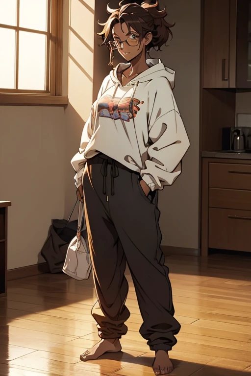 A cute barefoot woman with messy hair and glasses, standing, wearing an oversized hodie and sweatpants