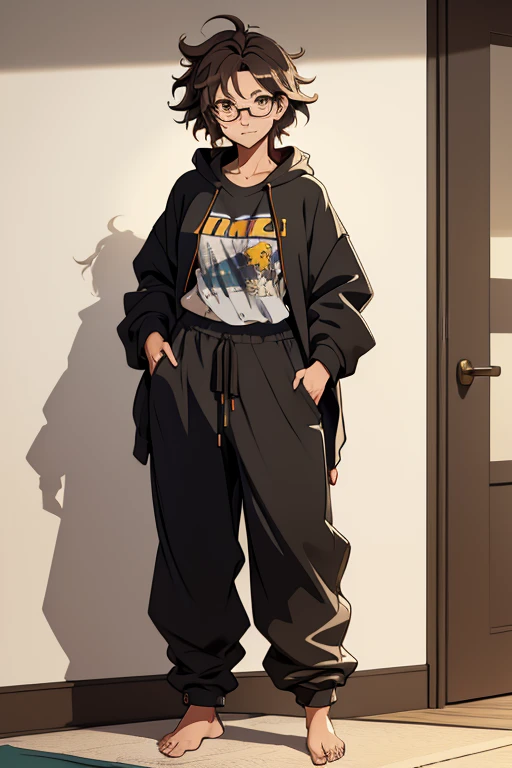A cute barefoot woman with messy hair and glasses, standing, wearing an oversized hodie and sweatpants