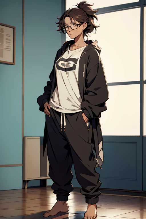 A cute barefoot woman with messy hair and glasses, standing, wearing an oversized hodie and sweatpants