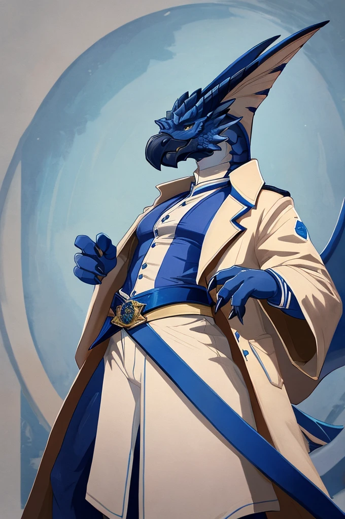 A Legiana as a German official posing for a portrait, white-blue uniform, clawed fingers, 4 fingers, 1900s photograph, long coat, open coat, blue outlining, padded fingers, golden-blue belt, tail,