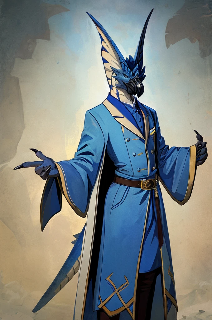 A Legiana as a German official posing for a portrait, white-blue uniform, clawed fingers, 4 fingers, 1900s photograph, long coat, open coat, blue outlining, padded fingers, golden-blue belt, tail,