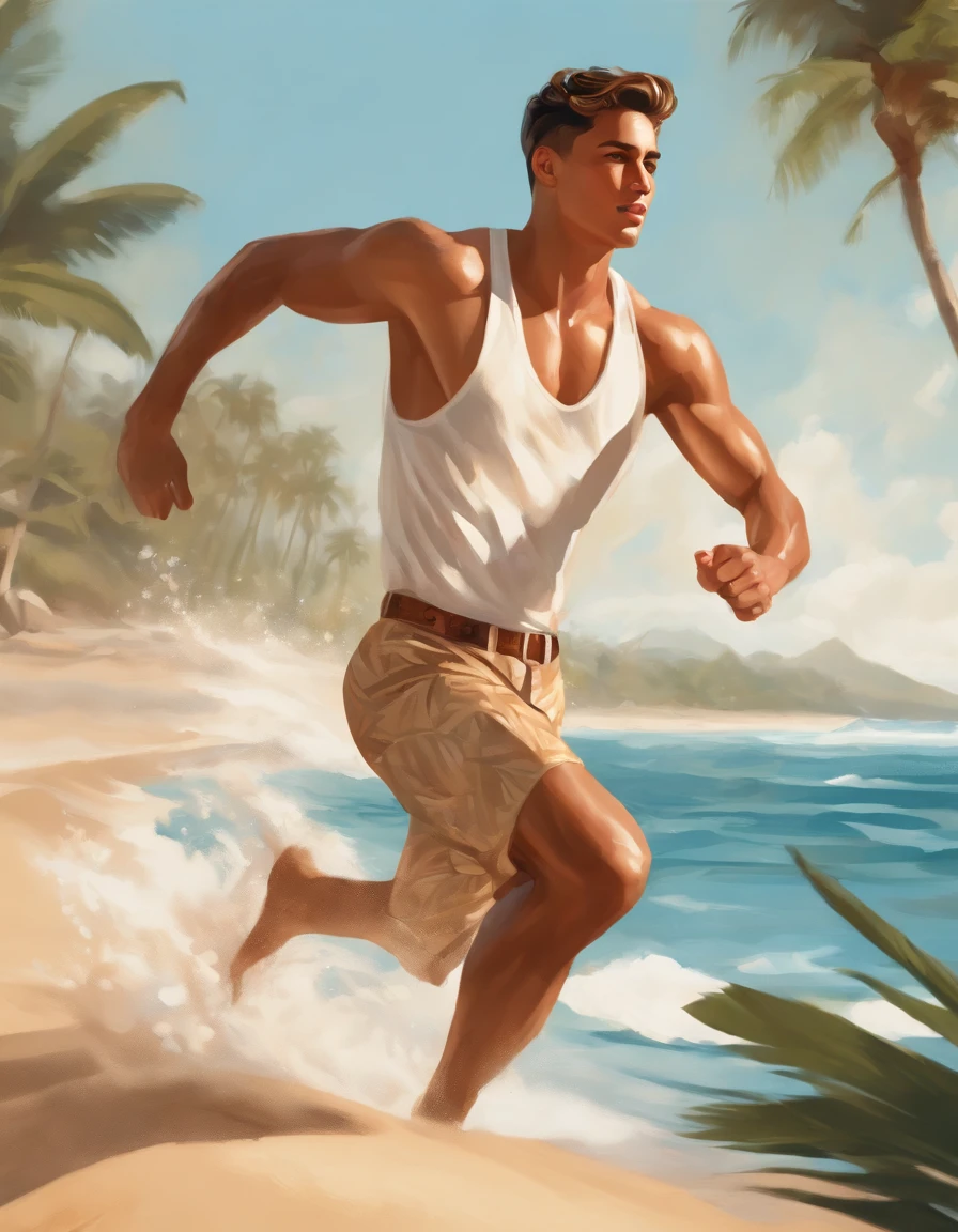 An ultradetailed painting of a stylish and chiseled handsome young man wearing beachwear clothing running on a tropical beach, anime, intricate, tanned Asian, light brown eyes, in the style of J.C. Leyendecker