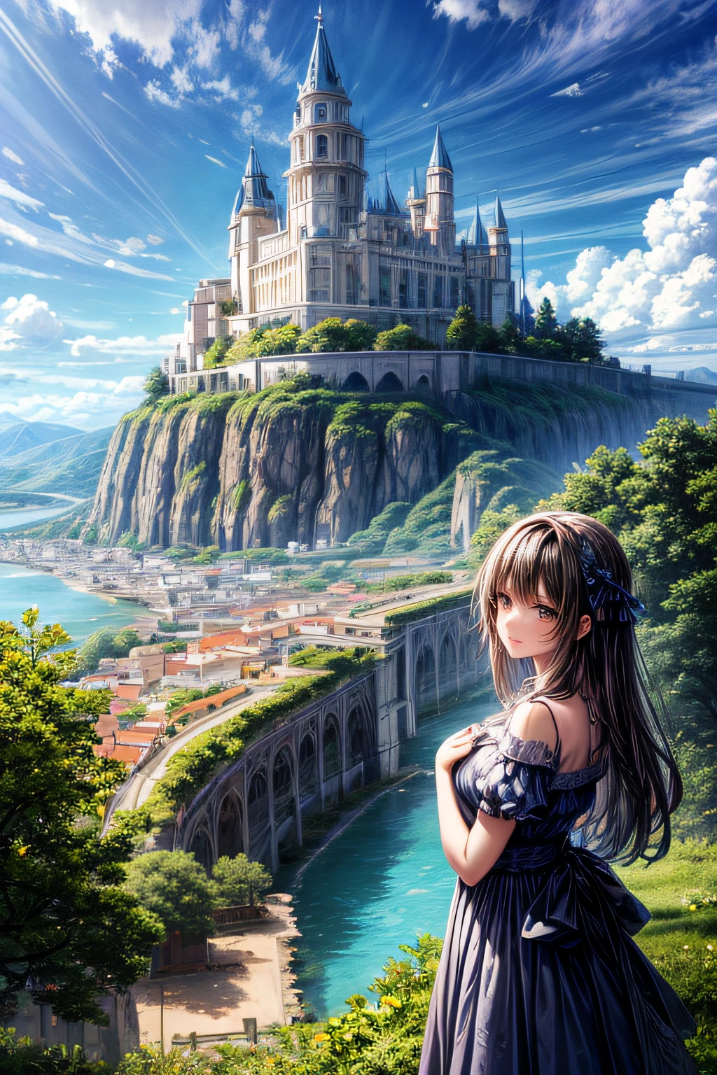 Castillo del rey, al aire libre, Cielo, tag, nube, Agua, tree, azul_Cielo, no seres humanos, edificio, paisaje, burbuja, Ciudad, fantasy, puente, cascada,
cinematic lighting,fuerte contraste,ALTO NIVEL DE DETALLE,La mejor calidad,Obra maestra,fondo azul claro.