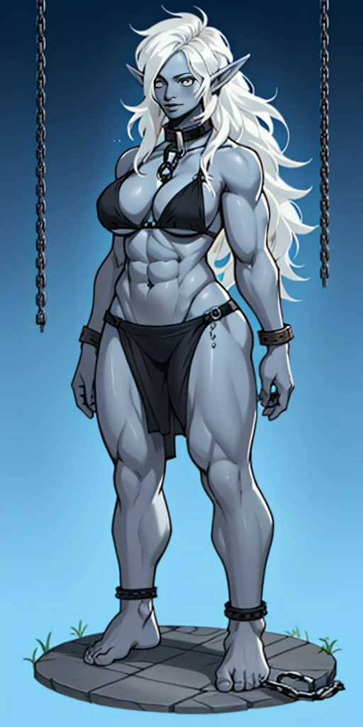 standing straight symmetrical, full body barefeet, drow elf 1girl, mature, BIG OPEN eyes, LONG MESSY hair, BIKINI, abs, big knockers, chain collar, stomach, NAVEL, BAREFEET