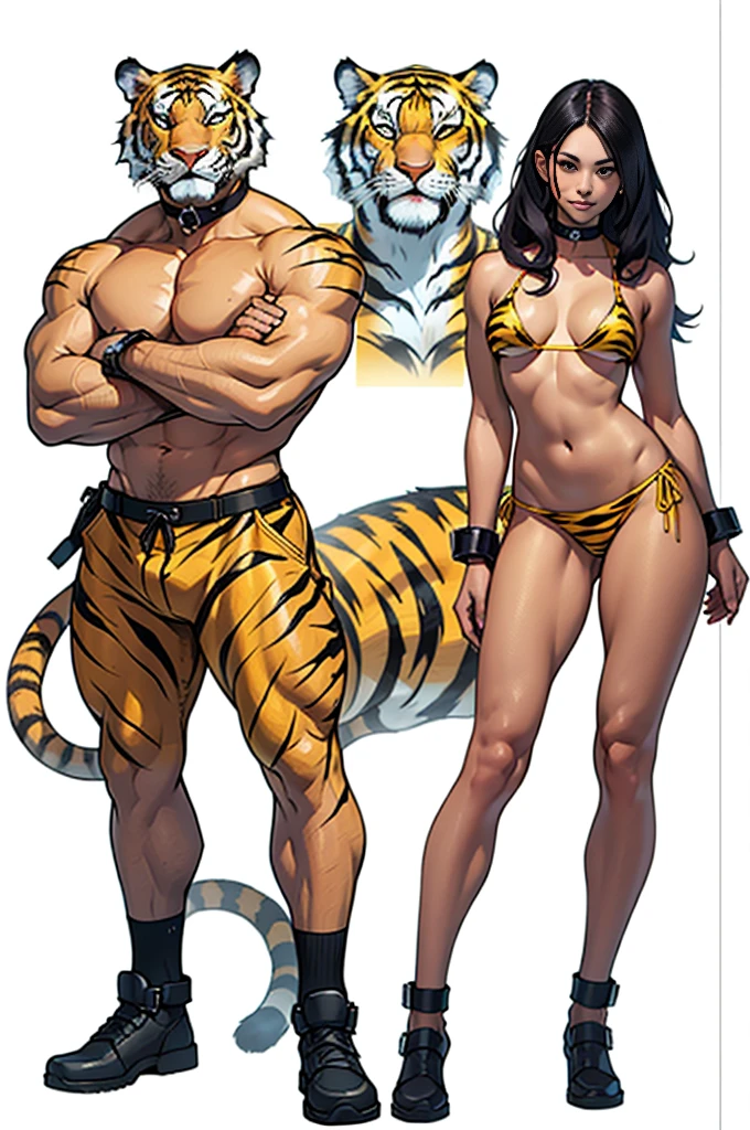 ((WHITE BACKGROUND)) full body standing straight symmetrical looking to the viewer woman wearing a yellow tiger bikini tiger paws, choker on neck, shackles on legs and arms, tiger face