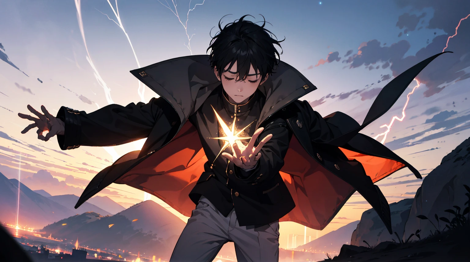 (Absurd, High Resolution), 16k, (Panorama), Little Boy, Teenager, Closed Eyes, Open Hands, Short Hair, Black Hair, Black Coat, White Underwear, Extreme Detail, Lightning, Magic, Magic Array, Exaggerated Light, Shine, Magic, Floating, Dusk