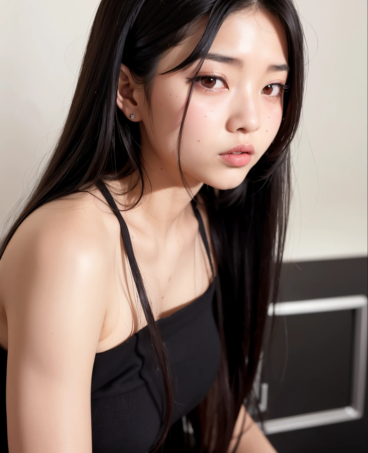 1girl, asian girl, , college, pretty, selfie, dark background, shot by iphone cameras, noise image, raw image, tank top,