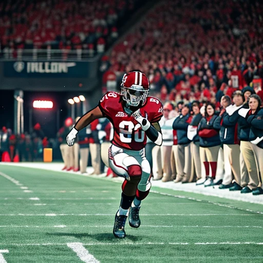 arafed football player running on the field with a crowd watching, crimson tide, matt rainey, badass composition, alabama, crimson themed, award winning shot, absolutely outstanding image, by Douglas Shuler, 3 / 4 wide shot, sports photography, interrupting the big game, award - winning shot, award-winning shot, ultra wide lens shot