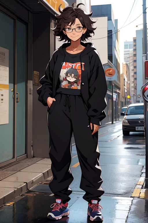 A cute happy woman with messy hair and glasses, standing, wearing an oversized hodie and sweatpants