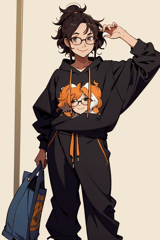 A cute happy woman with messy hair and glasses, standing, wearing an oversized hodie and sweatpants