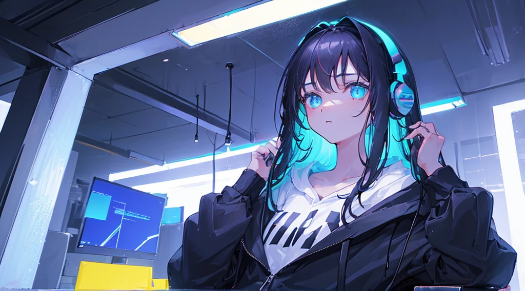(1girl, black hair, long hair, headphones, hoodie, leaning back in the chair and looking up at the ceiling), (dark room, blue monitor light, blue neon)