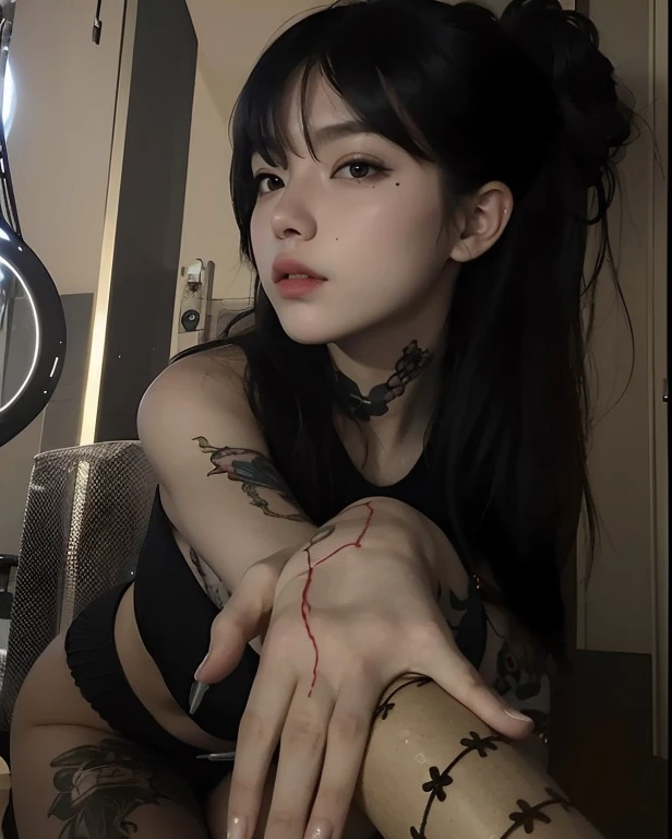 There is a woman with tattoos on her arms and arms, cruel korean goth girl, de taiwanesa com tatuagens, 1 7 - year - old anime goth girl, goth girl aesthetic, kanliu666, Ulzzang, Xianxia de corpo inteiro, pale goth beauty, Menina na vida real, tatuagem escura, 1 7 - year - old goth girl