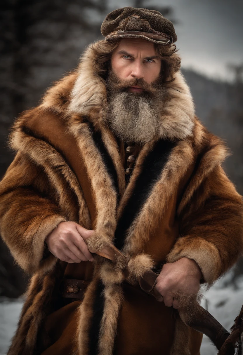 A photo of Willy crafting a new bow from wood and sinew.,original,Tall, muscular and bearded. Clad in animal furs and pelts. Severe expression. , male