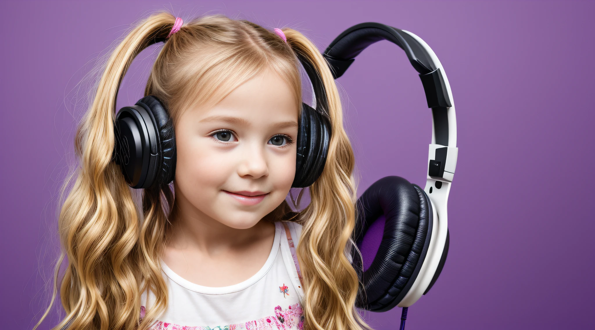 Cds , CHILD GIRL BLONDE LONG HAIR, Headphone, fundo roxo,