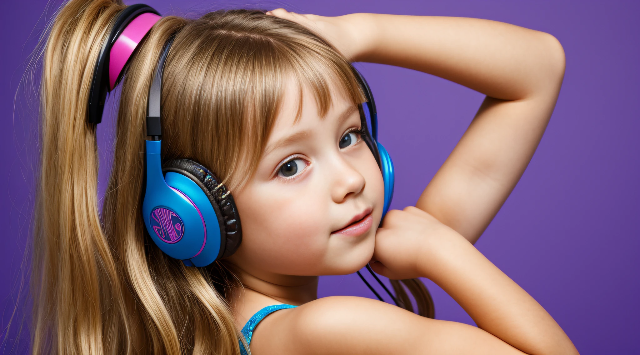 Cds , CHILD GIRL BLONDE LONG HAIR, Headphone, fundo roxo,